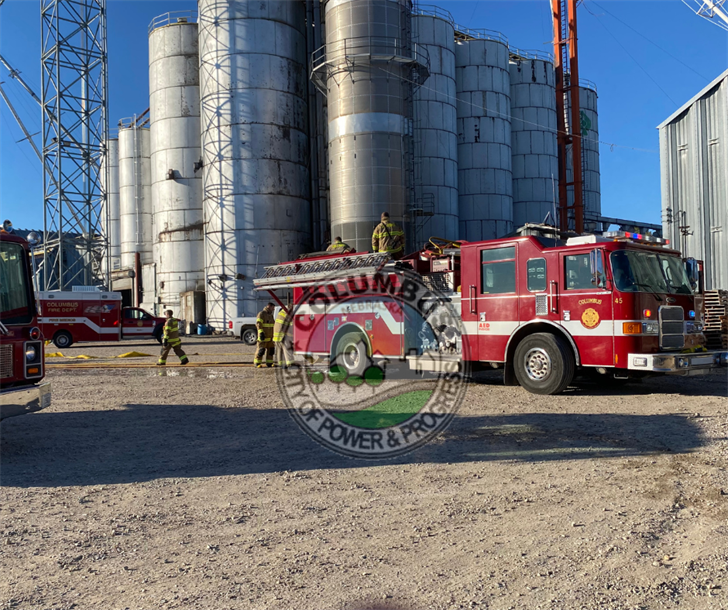 Columbus Fire Department officials on scene Monday morning at Frontier Cooperative in Columbus.