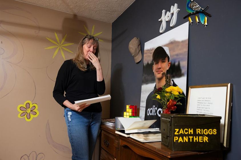 Justy Riggs-Panther in Zach’s bedroom in 2025. Riggs-Panther hopes the release of Zach’s tissue samples for independent testing will lead to answers about what caused his death. Photo by Rebecca S. Gratz for The New York Times